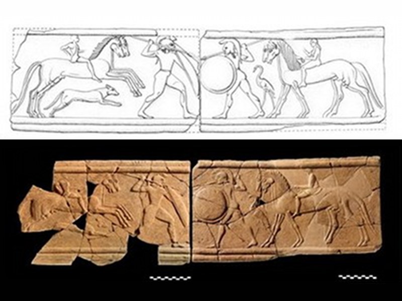 Disegno e fotografia del fregio figurato continuo dell'edificio monumentale di meta' VI sec. a.C